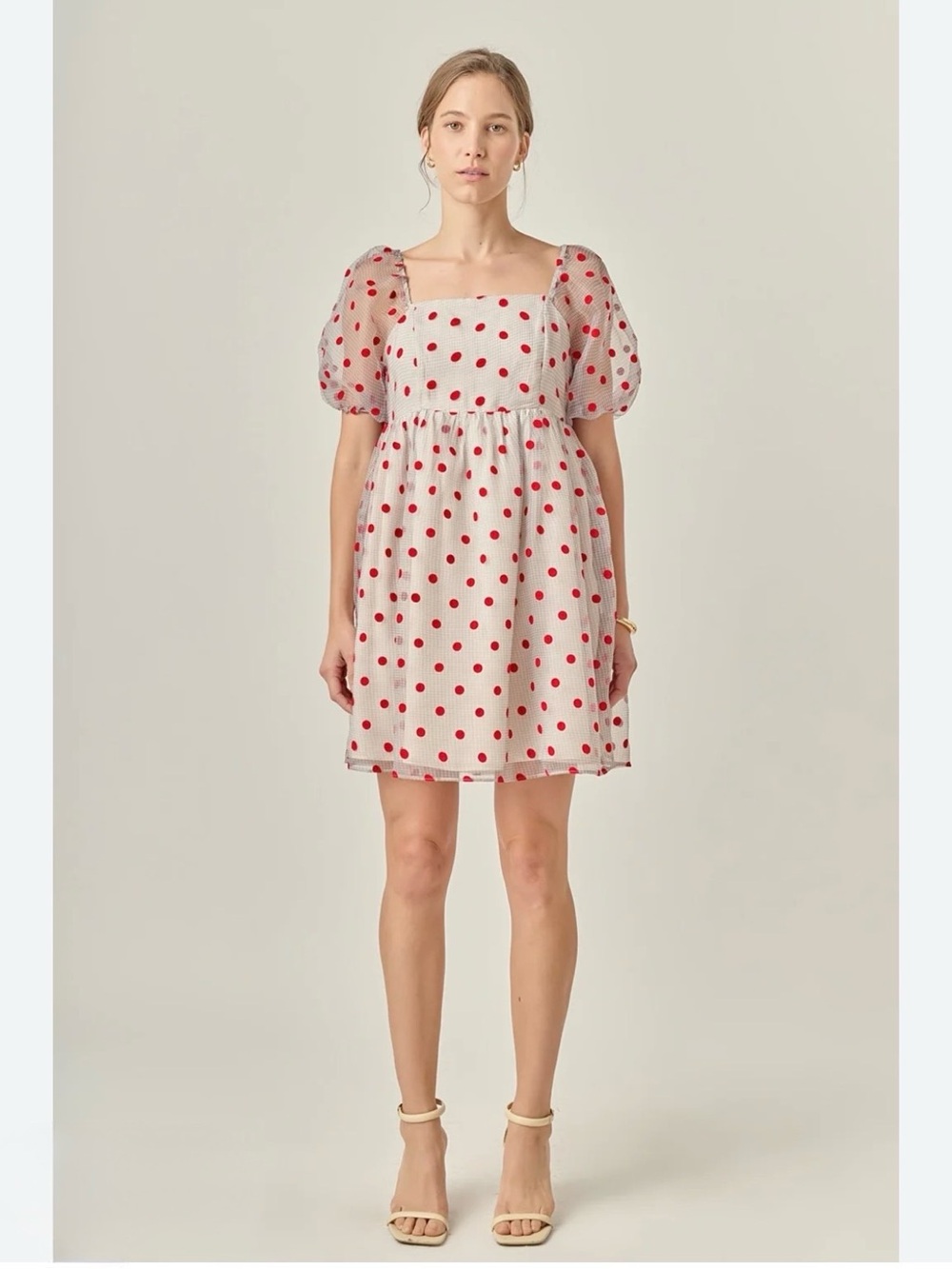 English Factory Cream Organza Babydoll Mini Dress with Red Polka Dots